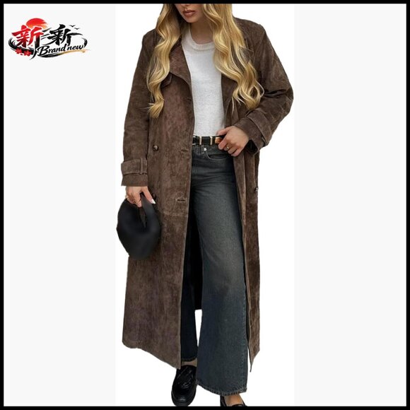 Jackets & Blazers - Faux Suede Long Trench Coat Notched Lapel Double Breasted Pea Coat